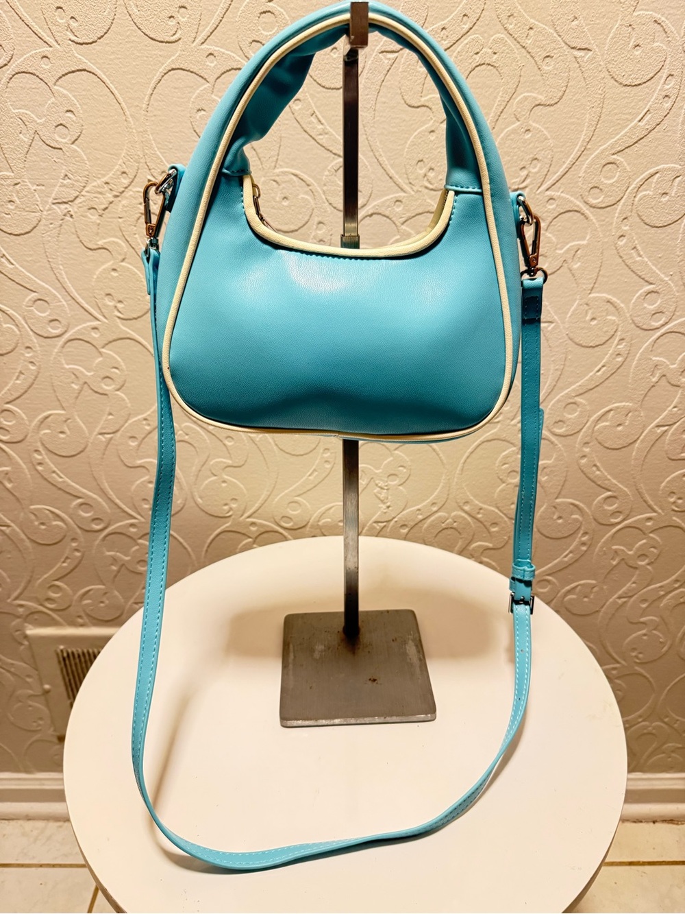 Melie Biianco Sky Blue Mini Hobo with Cream Trim and Detachable Strap - Picture 2 of 8
